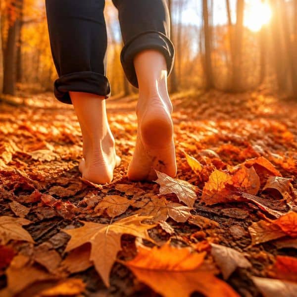 Bare feet walking through autumn leaves in a sunlit woodland, illustrating autumn foot care and keeping feet healthy during the colder season.
