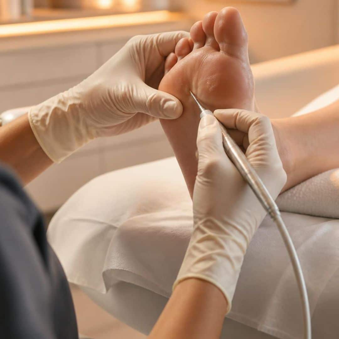Podiatrist wearing gloves treating the sole of a patient's foot with a handheld probe, illustrating SWIFT vs verruca needling treatments.